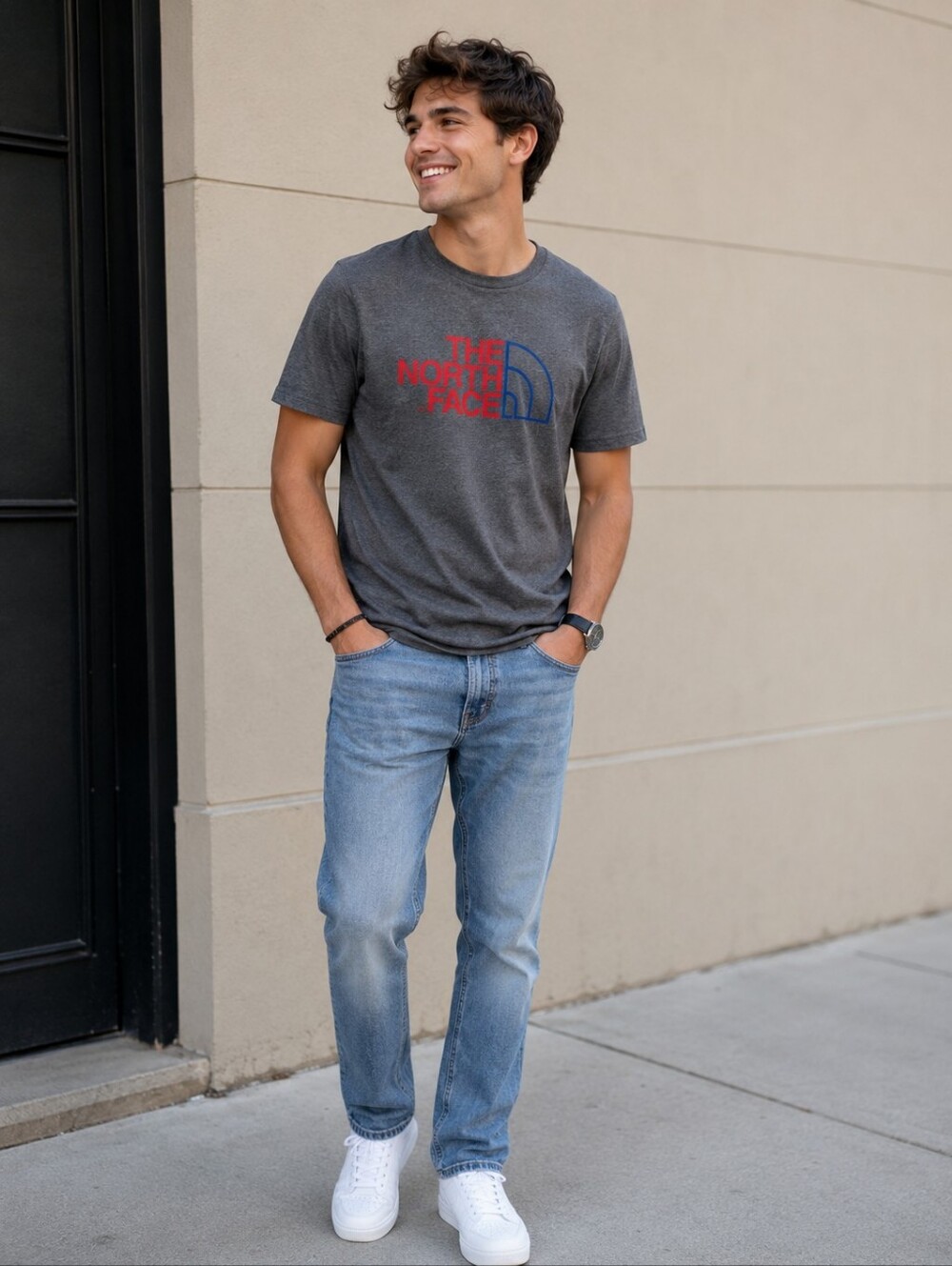 The North Face Charcoal Tee with Red and Blue Logo